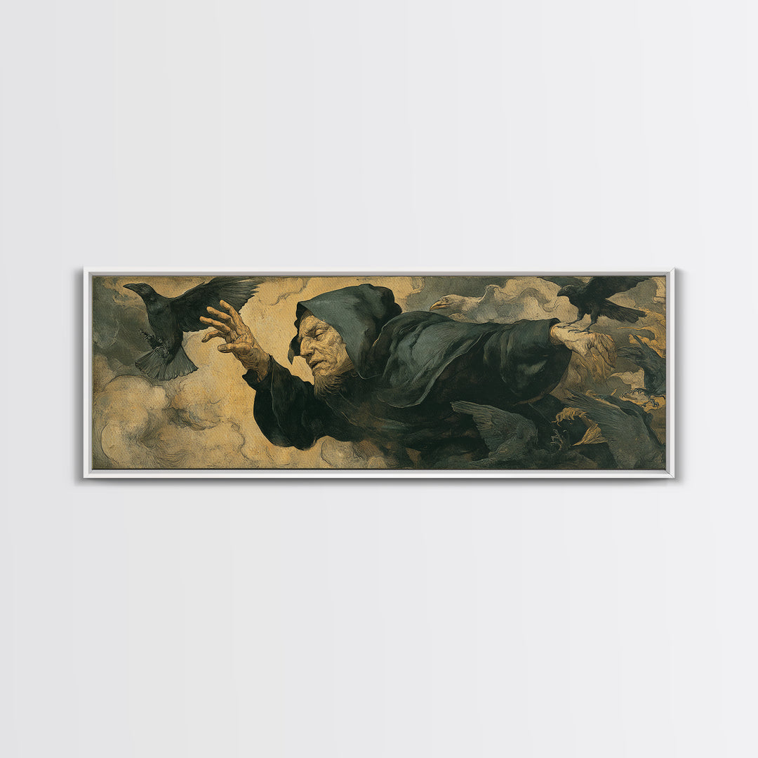 The Raven Keeper, Dark Renaissance Art, Extra Wide Wall Art, Dark Fantasy Wall Art, Canvas Print, Halloween Wall Art