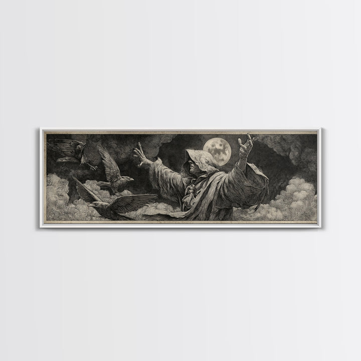 The Raven Keeper, Renaissance Engraving Art, Extra Wide Wall Art, Dark Halloween Decor, Framed Canvas Print, Halloween Wall Art