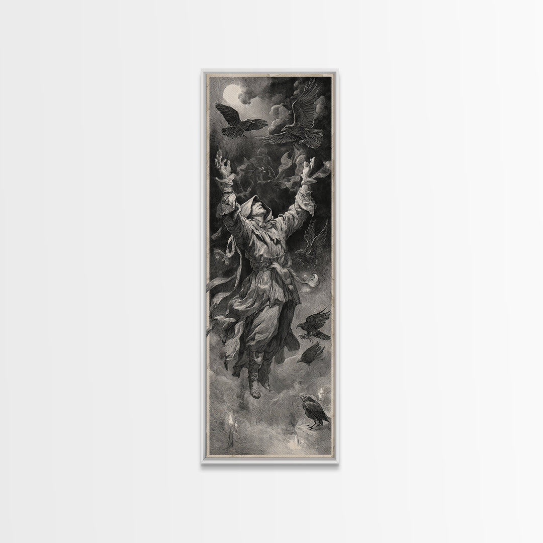 The Raven Keeper, Architectural Etching Art, Tall Narrow Wall Art, Dark Fantasy Wall Art, Canvas Print, Halloween Wall Art