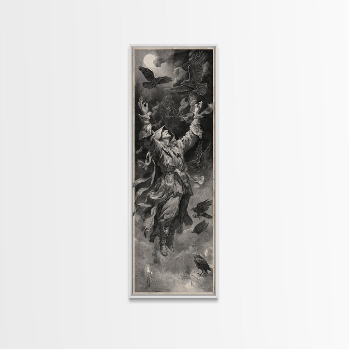 The Raven Keeper, Architectural Etching Art, Tall Narrow Wall Art, Dark Fantasy Wall Art, Canvas Print, Halloween Wall Art