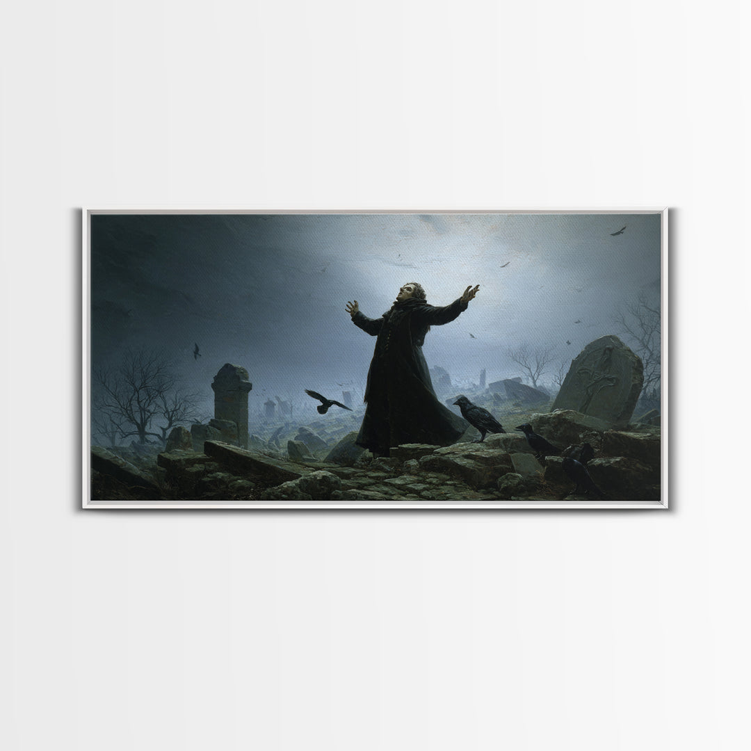 The Raven Keeper, Romantic Gothic Landscape, Wide Panoramic Art, Dark Halloween Decor, Framed Canvas Print, Halloween Wall Art