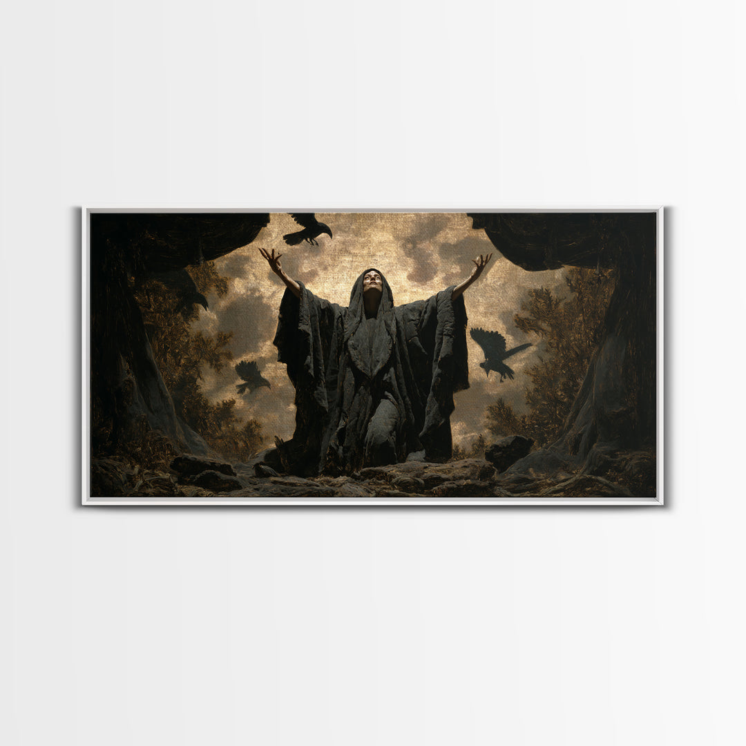 The Raven Keeper, Symbolist Gothic Landscape, Wide Panoramic Art, Dark Halloween Decor, Framed Canvas Print, Halloween Wall Art