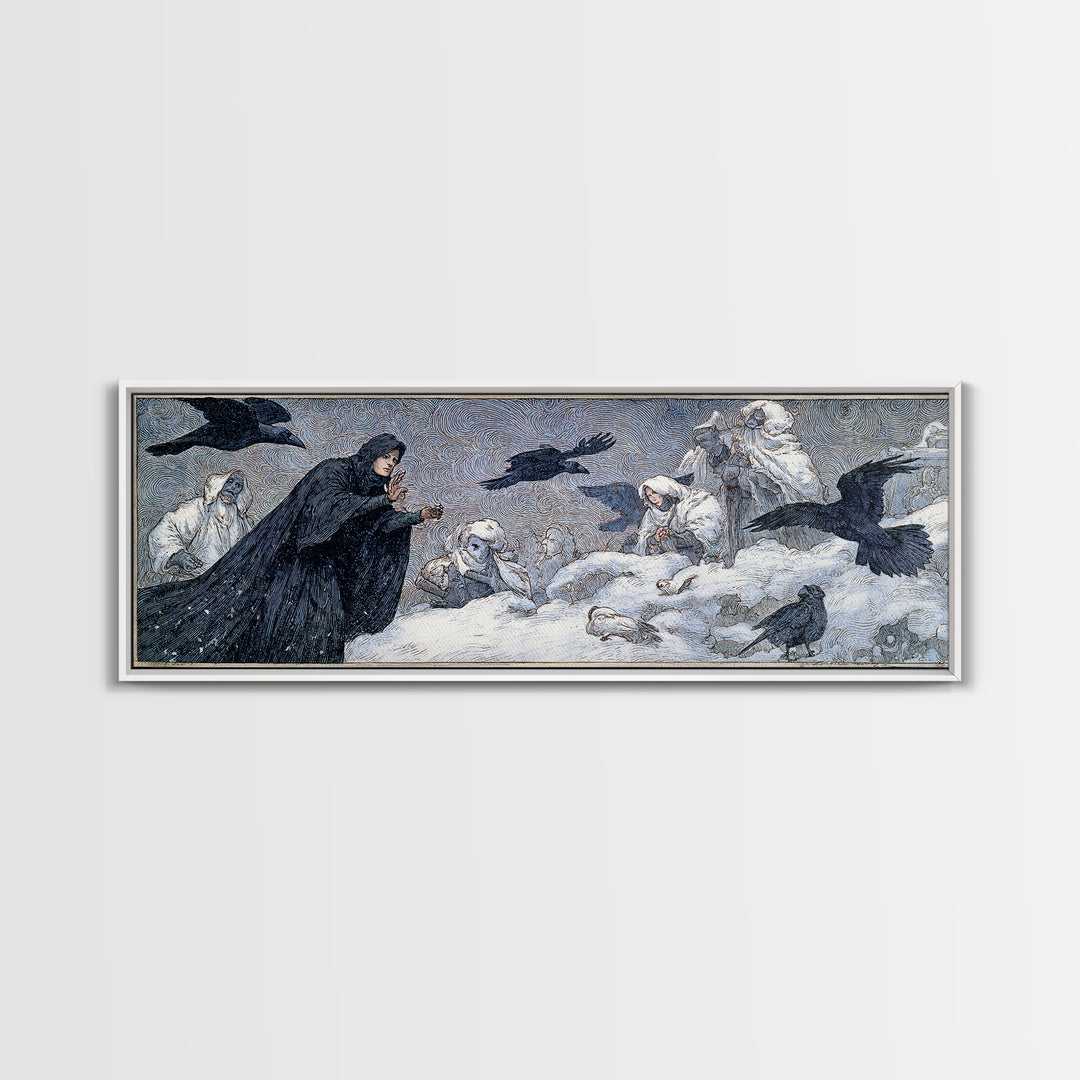 The Raven Keeper, Symbolist Death Art, Extra Wide Wall Art, Dark Halloween Decor, Canvas Print, Halloween Wall Art