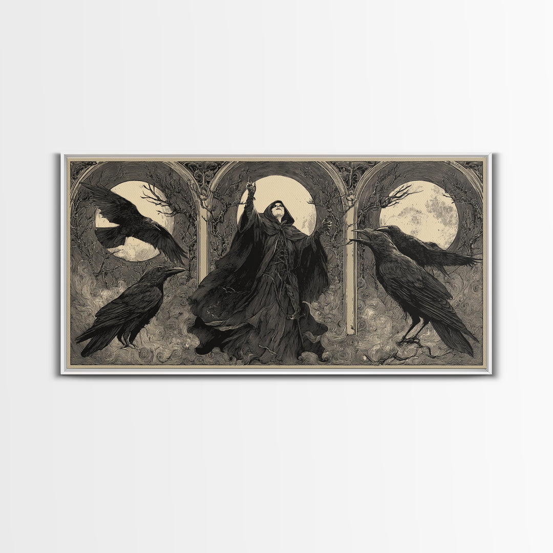 The Raven Keeper, Expressionist Nightmare Art, Wide Panoramic Art, Dark Halloween Decor, Framed Canvas Print, Halloween Wall Art