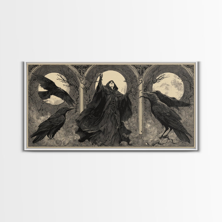 The Raven Keeper, Expressionist Nightmare Art, Wide Panoramic Art, Dark Halloween Decor, Framed Canvas Print, Halloween Wall Art