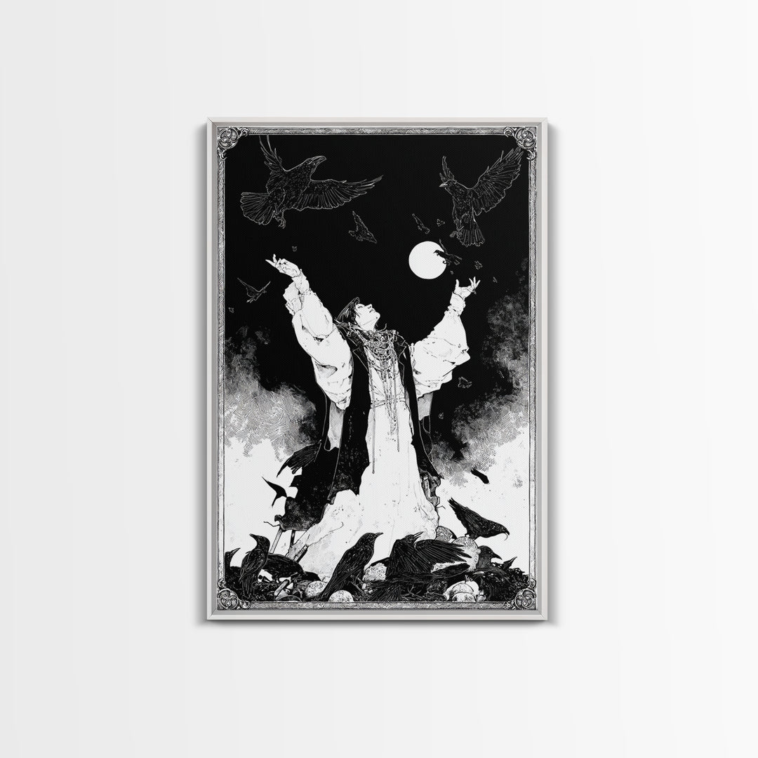 The Raven Keeper, Decadent Line Art, Vertical Wall Art, Macabre Wall Art, Canvas Print, Halloween Wall Art, Halloween Decor