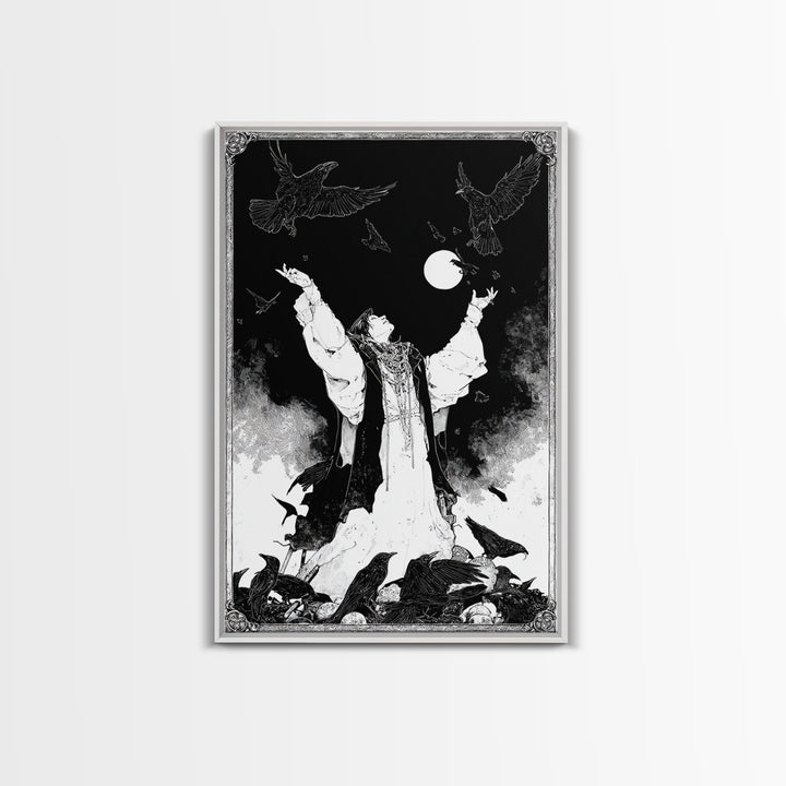 The Raven Keeper, Decadent Line Art, Vertical Wall Art, Macabre Wall Art, Canvas Print, Halloween Wall Art, Halloween Decor