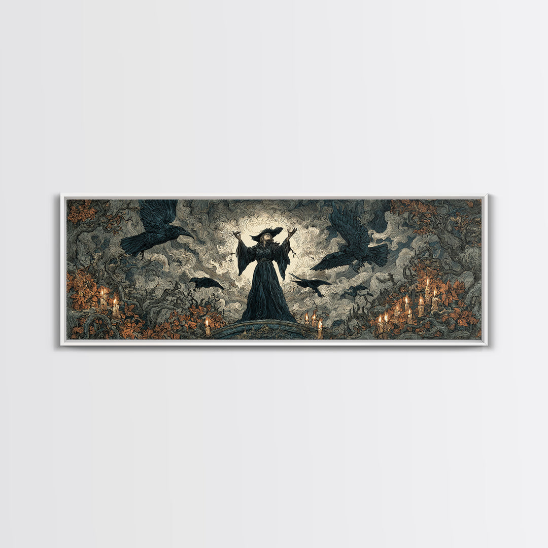 The Raven Keeper, Gothic Storybook Art, Extra Wide Wall Art, Gothic Horror Wall Art, Framed Canvas Print, Halloween Wall Art