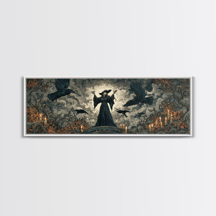 The Raven Keeper, Gothic Storybook Art, Extra Wide Wall Art, Gothic Horror Wall Art, Framed Canvas Print, Halloween Wall Art