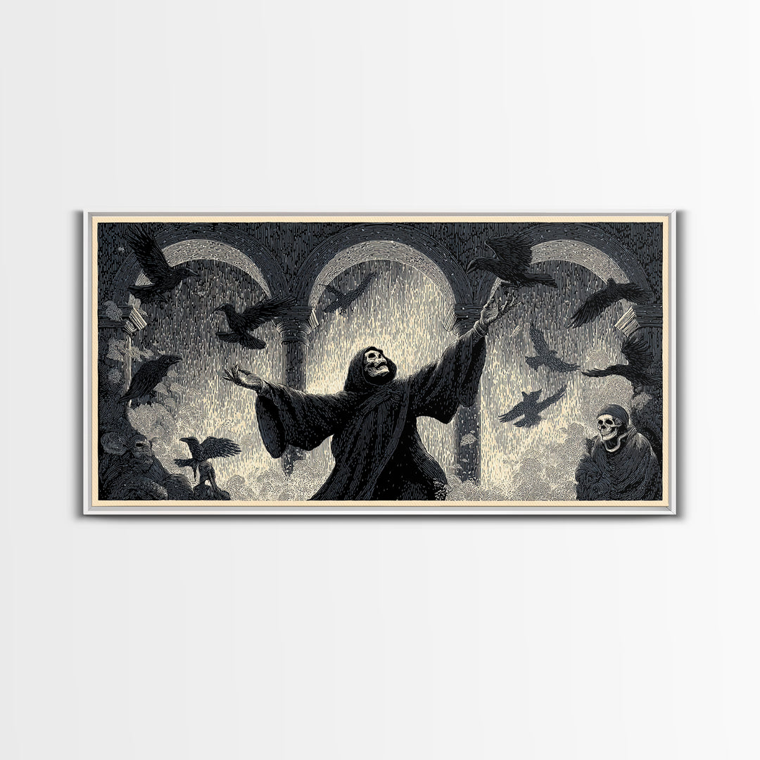 The Raven Keeper, Macabre Folk Print Art, Wide Panoramic Art, Dark Fantasy Wall Art, Canvas Print, Halloween Wall Art