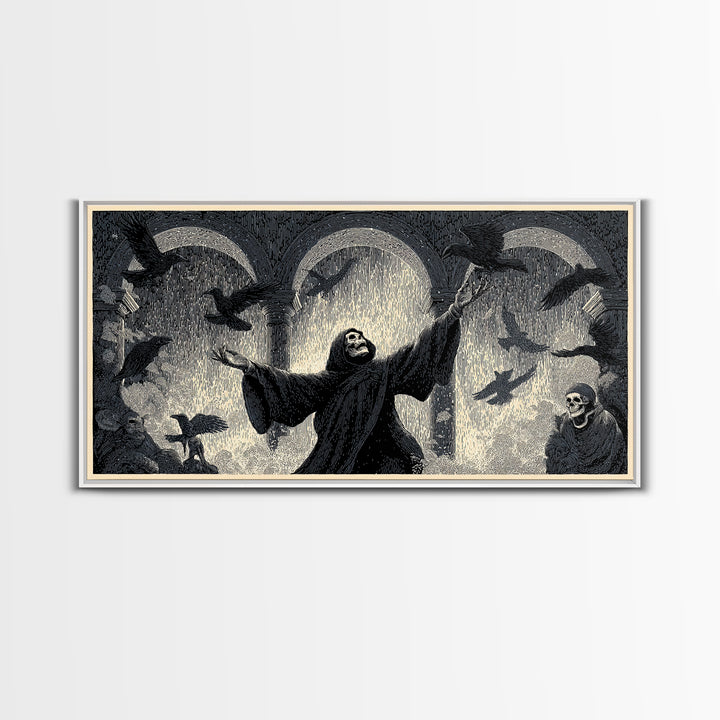 The Raven Keeper, Macabre Folk Print Art, Wide Panoramic Art, Dark Fantasy Wall Art, Canvas Print, Halloween Wall Art
