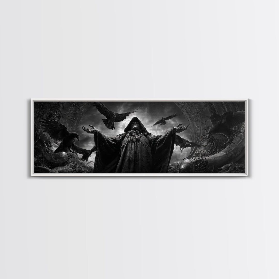 The Raven Keeper, Biomechanical Horror Art, Extra Wide Wall Art, Gothic Horror Wall Art, Canvas Print, Halloween Wall Art
