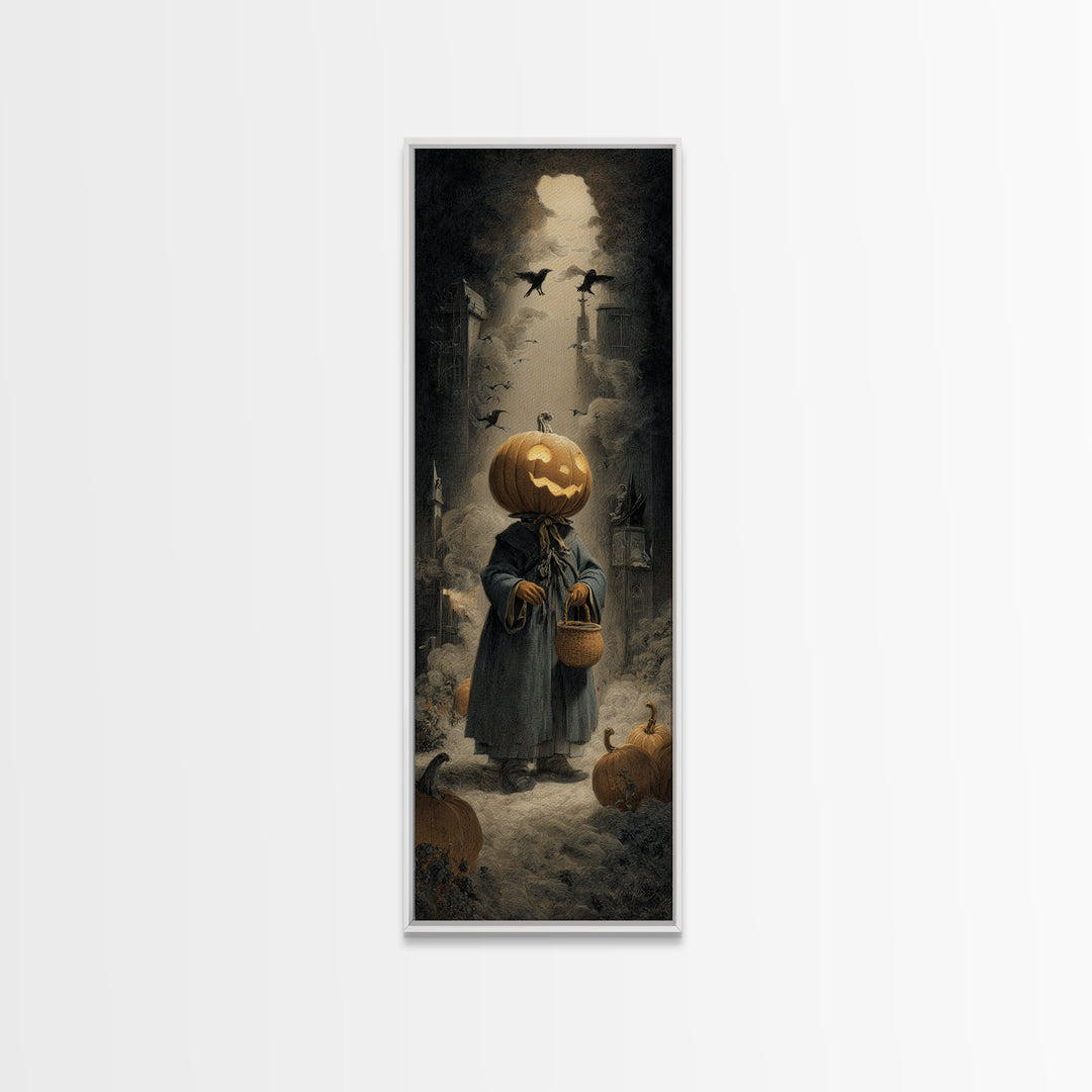 The Pumpkin-Headed Child, Gothic Engraving Art, Tall Narrow Wall Art, Gothic Horror Wall Art, Framed Canvas Print, Halloween Wall Art