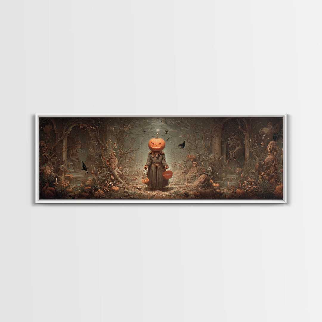 The Pumpkin-Headed Child, Medieval Grotesque Art, Extra Wide Wall Art, Macabre Wall Art, Canvas Print, Halloween Wall Art