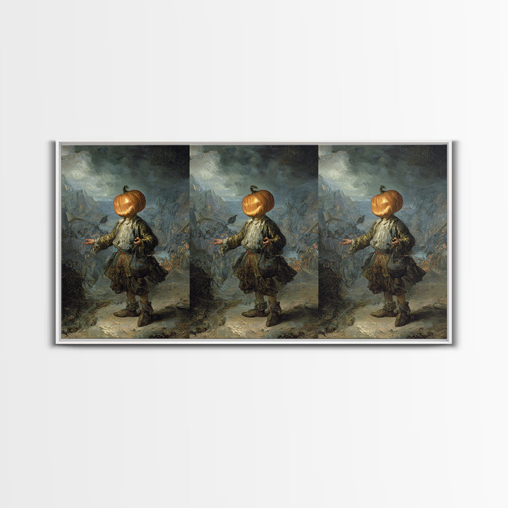 The Pumpkin-Headed Child, Northern Renaissance Horror, Wide Panoramic Art, Dark Fantasy Wall Art, Framed Canvas Print