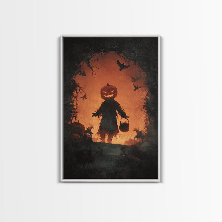 The Pumpkin-Headed Child, Dark Romantic Horror Art, Vertical Wall Art, Macabre Wall Art, Canvas Print, Halloween Wall Art