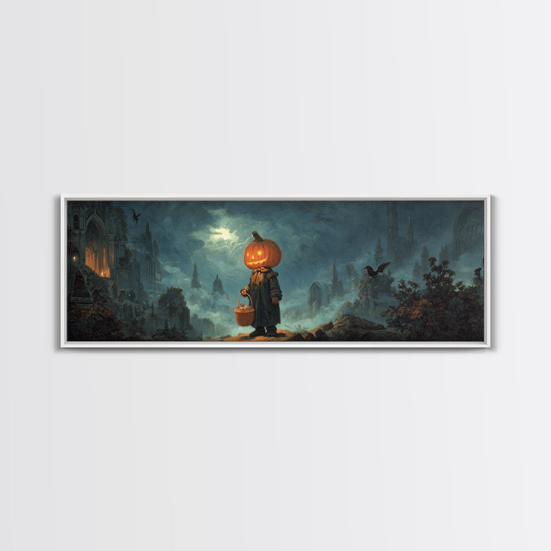 The Pumpkin-Headed Child, Apocalyptic Romantic Art, Extra Wide Wall Art, Gothic Horror Wall Art, Canvas Print, Halloween Wall Art