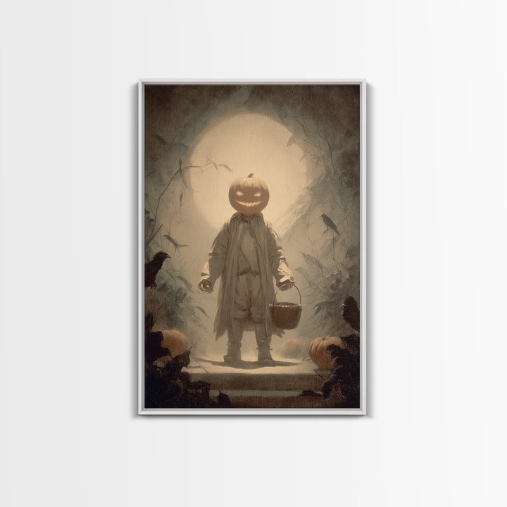 The Pumpkin-Headed Child, Symbolist Dream Art, Vertical Wall Art, Dark Fantasy Wall Art, Framed Canvas Print, Halloween Wall Art