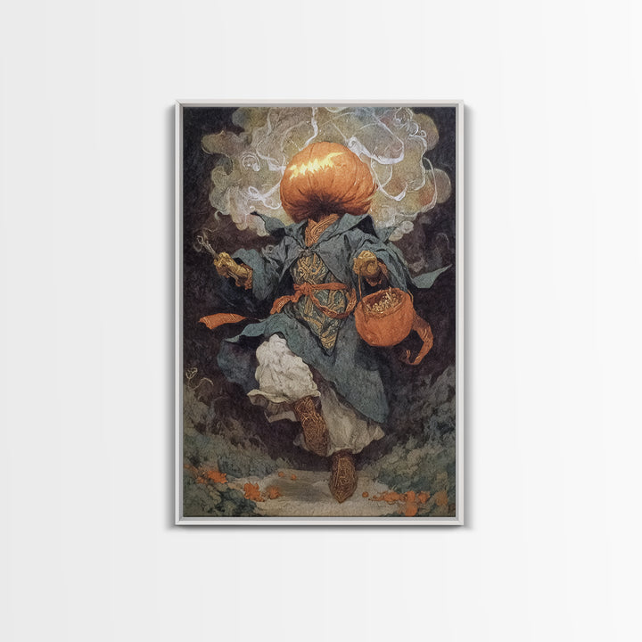 The Pumpkin-Headed Child, Ornate Symbolist Art, Vertical Wall Art, Dark Halloween Decor, Framed Canvas Print, Halloween Wall Art