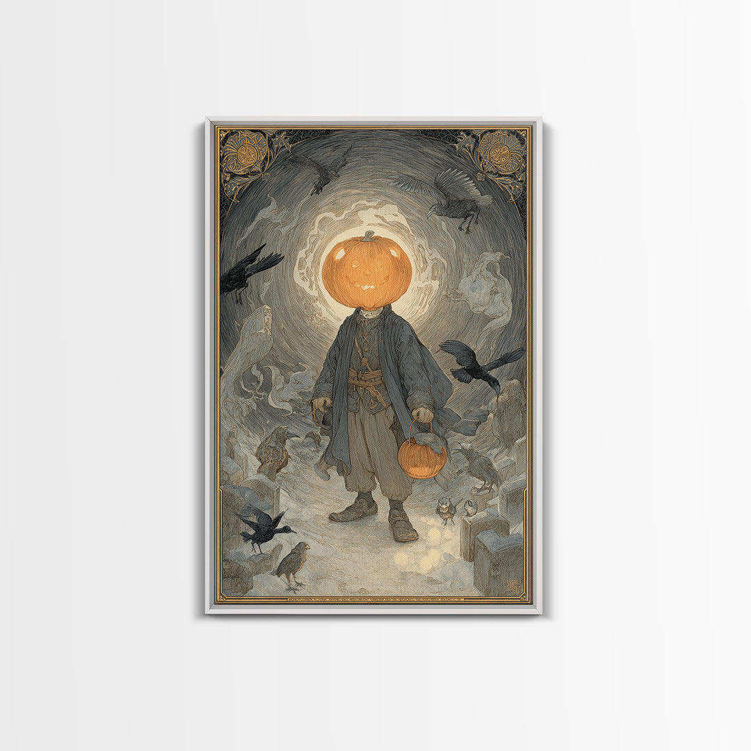 The Pumpkin-Headed Child, Symbolist Death Art, Vertical Wall Art, Dark Fantasy Wall Art, Framed Canvas Print, Halloween Wall Art