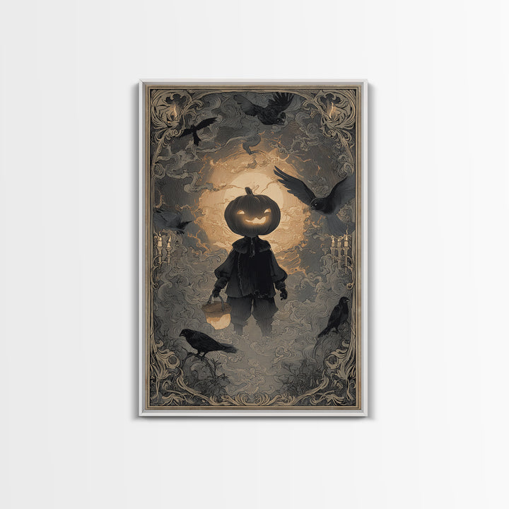 The Pumpkin-Headed Child, Decadent Line Art, Vertical Wall Art, Dark Halloween Decor, Canvas Print, Halloween Wall Art