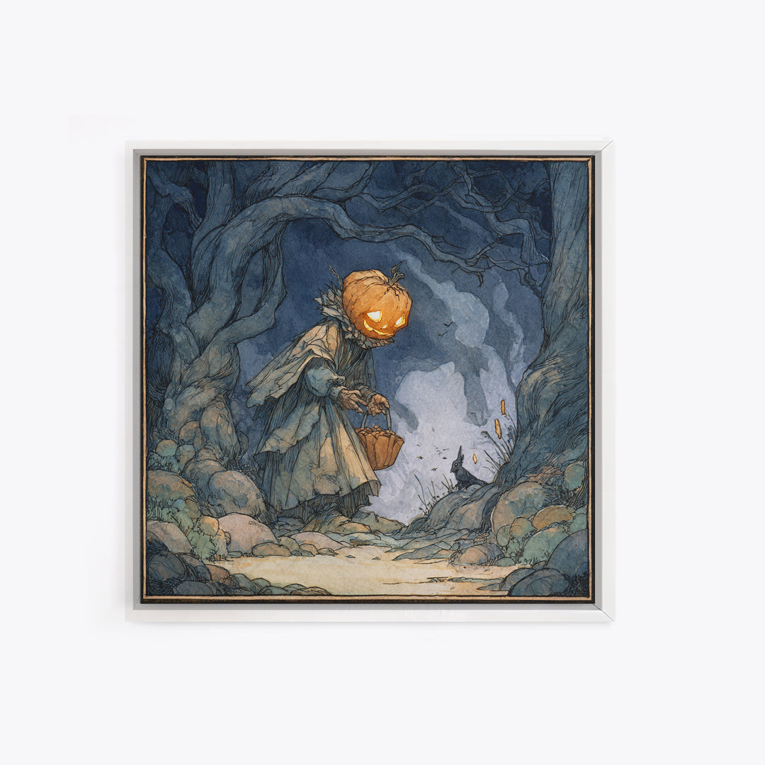 The Pumpkin-Headed Child, Gothic Storybook Art, Square Wall Art, Dark Fantasy Wall Art, Framed Canvas Print, Halloween Wall Art