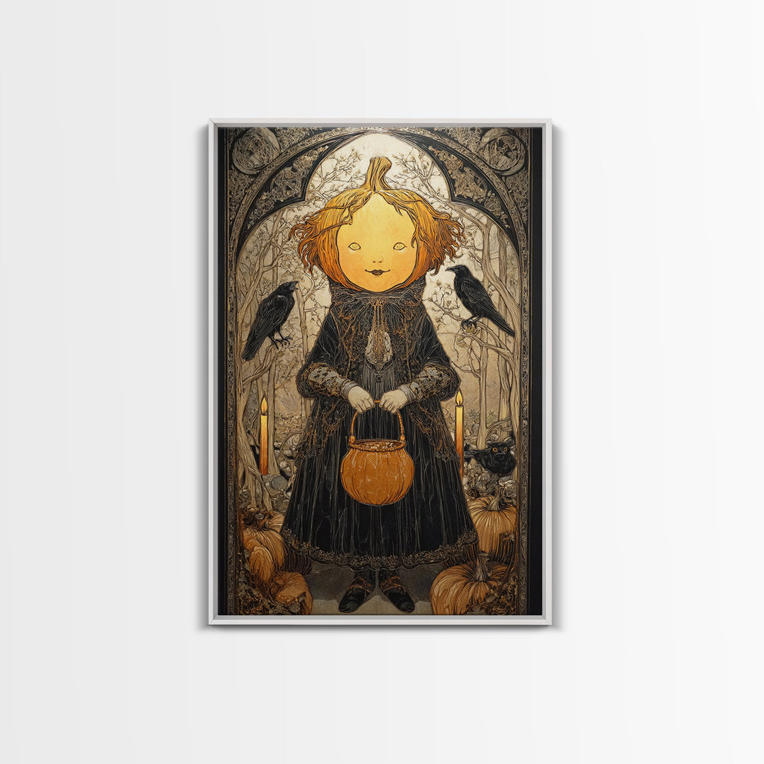 The Pumpkin-Headed Child, Stained Glass Gothic Art, Vertical Wall Art, Dark Fantasy Wall Art, Framed Canvas Print, Halloween Wall Art
