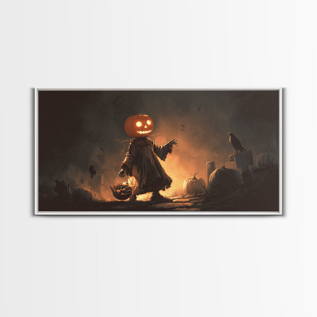 The Pumpkin-Headed Child, Macabre Folk Print Art, Wide Panoramic Art, Dark Halloween Decor, Canvas Print, Halloween Wall Art