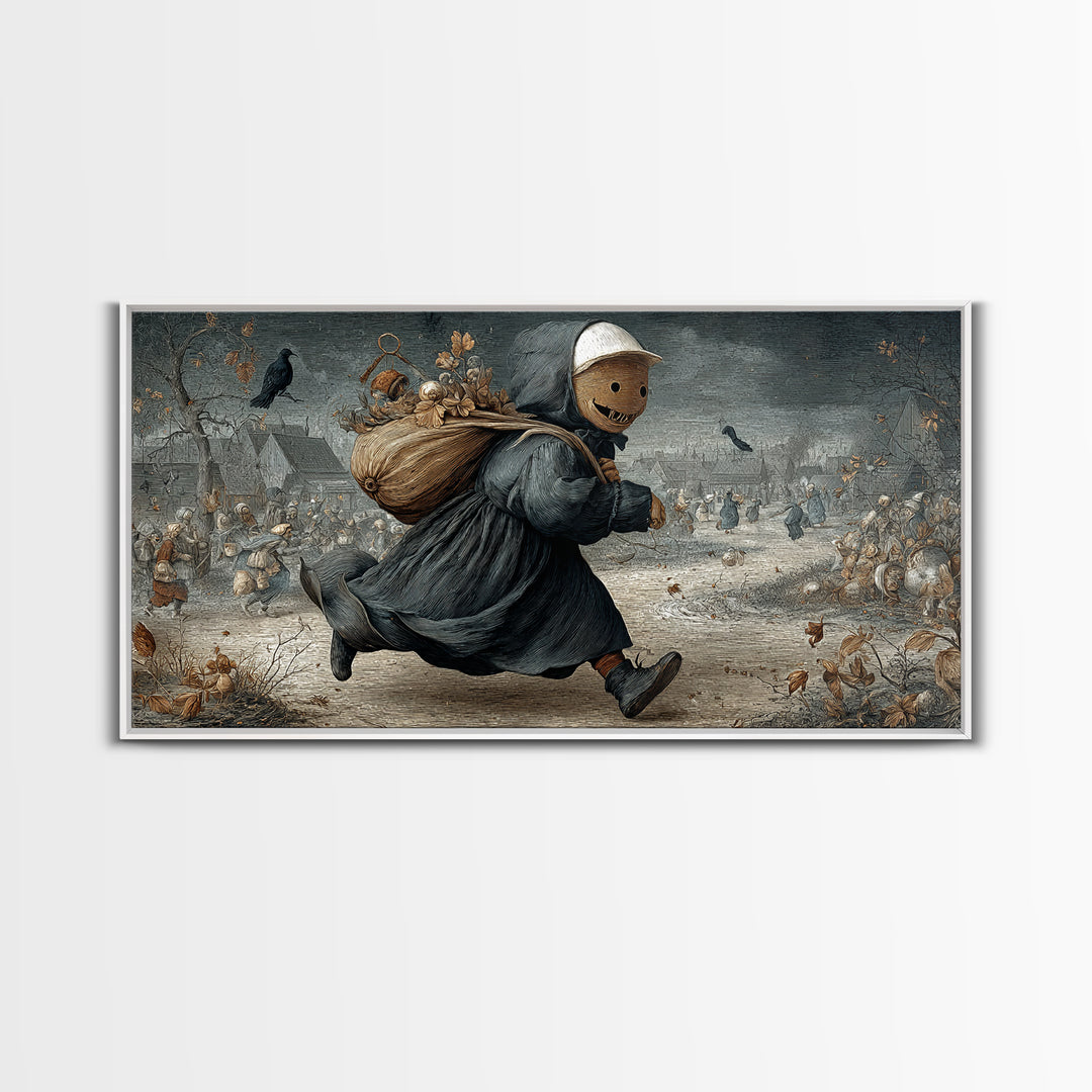 The Masked Candy Collector, Northern Renaissance Horror, Wide Panoramic Art, Gothic Horror Wall Art, Framed Canvas Print