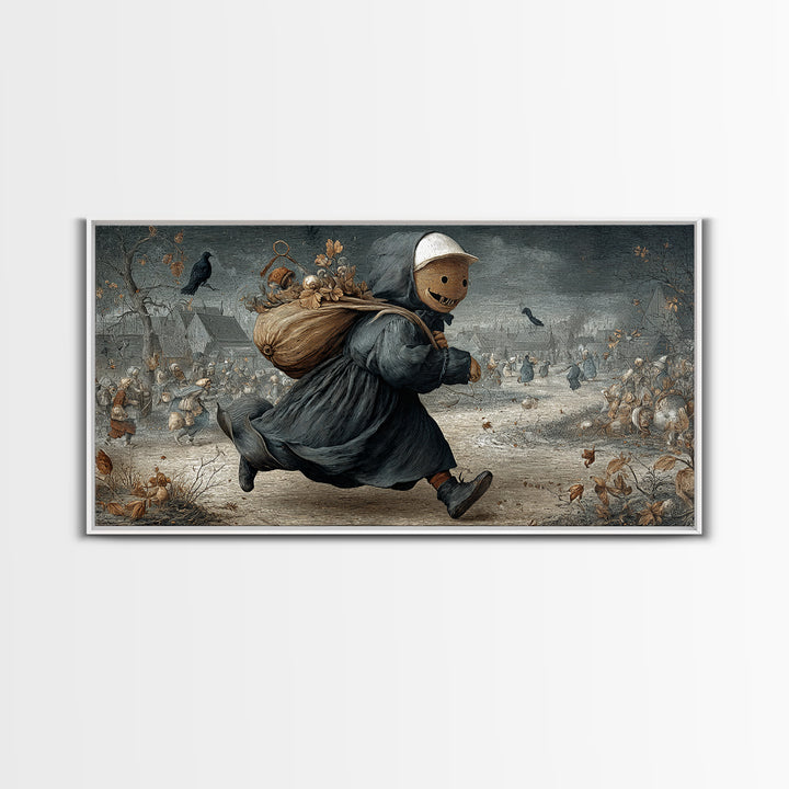 The Masked Candy Collector, Northern Renaissance Horror, Wide Panoramic Art, Gothic Horror Wall Art, Framed Canvas Print