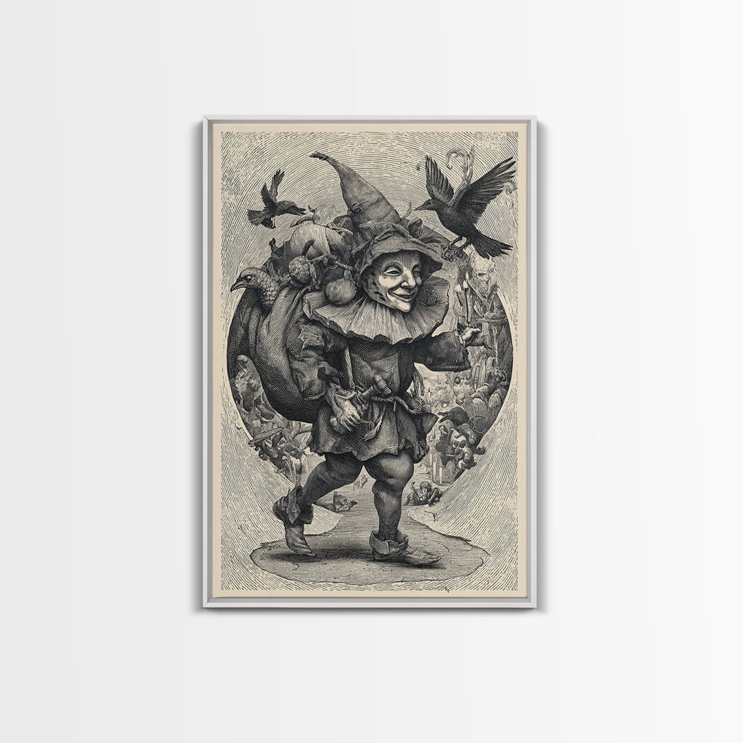 The Masked Candy Collector, Renaissance Engraving Art, Vertical Wall Art, Gothic Horror Wall Art, Framed Canvas Print, Halloween Wall Art