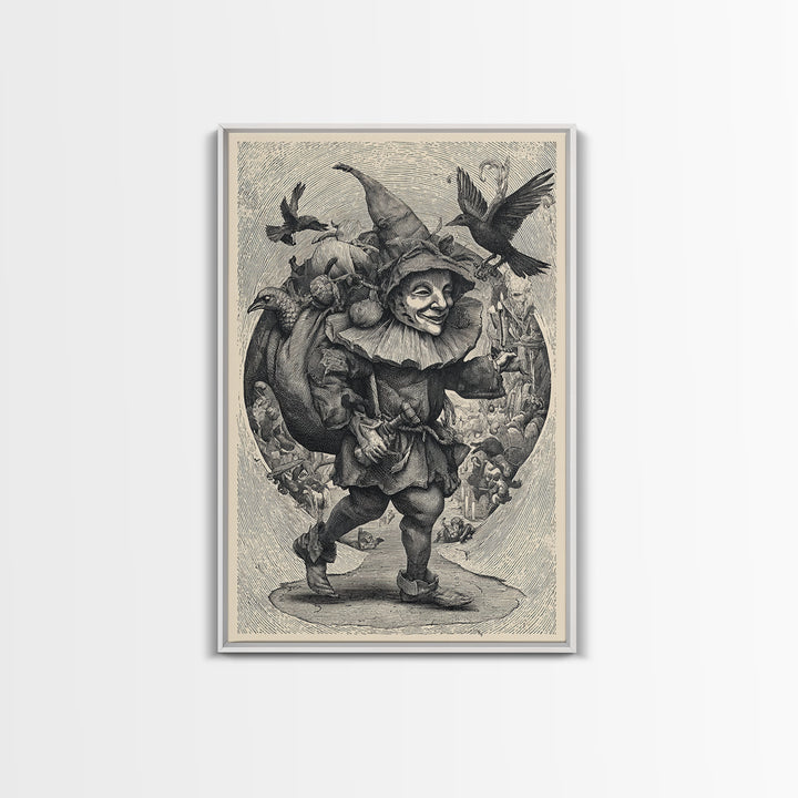 The Masked Candy Collector, Renaissance Engraving Art, Vertical Wall Art, Gothic Horror Wall Art, Framed Canvas Print, Halloween Wall Art