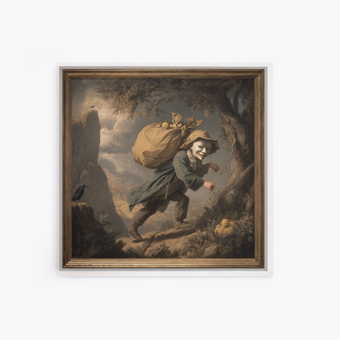The Masked Candy Collector, Baroque Witchcraft Art, Square Wall Art, Dark Halloween Decor, Framed Canvas Print, Halloween Wall Art
