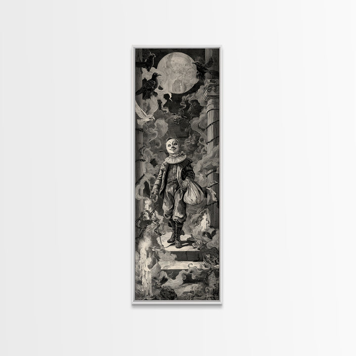 The Masked Candy Collector, Architectural Etching Art, Tall Narrow Wall Art, Dark Halloween Decor, Canvas Print