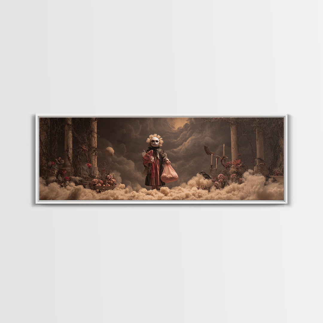 The Masked Candy Collector, Apocalyptic Romantic Art, Extra Wide Wall Art, Gothic Horror Wall Art, Framed Canvas Print, Halloween Wall Art