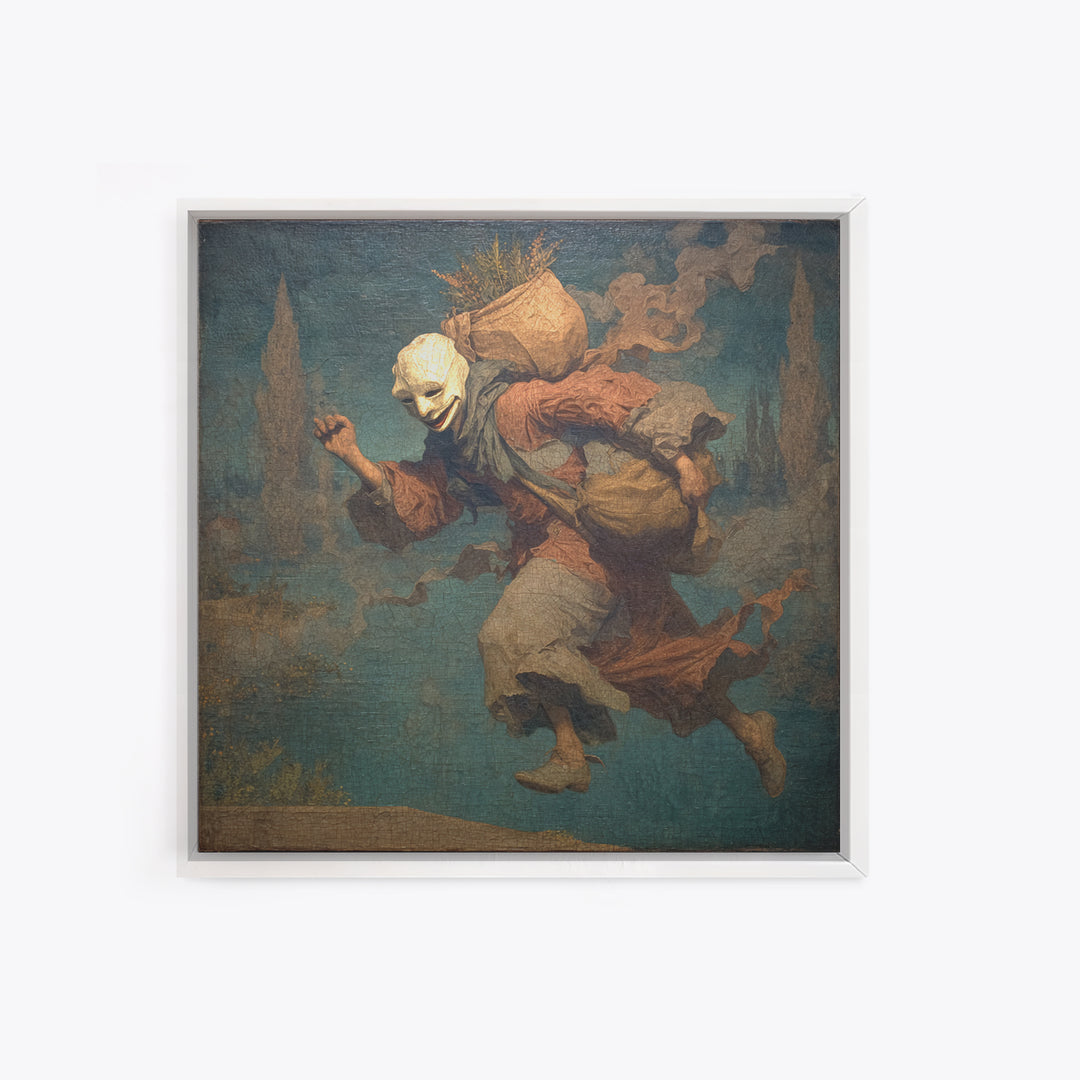 The Masked Candy Collector, Symbolist Gothic Landscape, Square Wall Art, Dark Halloween Decor, Canvas Print, Halloween Wall Art