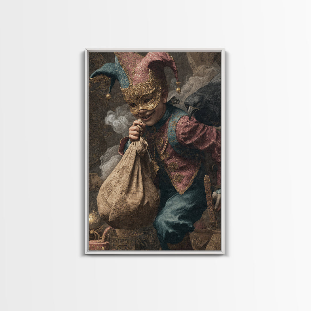 The Masked Candy Collector, Ornate Symbolist Art, Vertical Wall Art, Dark Fantasy Wall Art, Framed Canvas Print, Halloween Wall Art