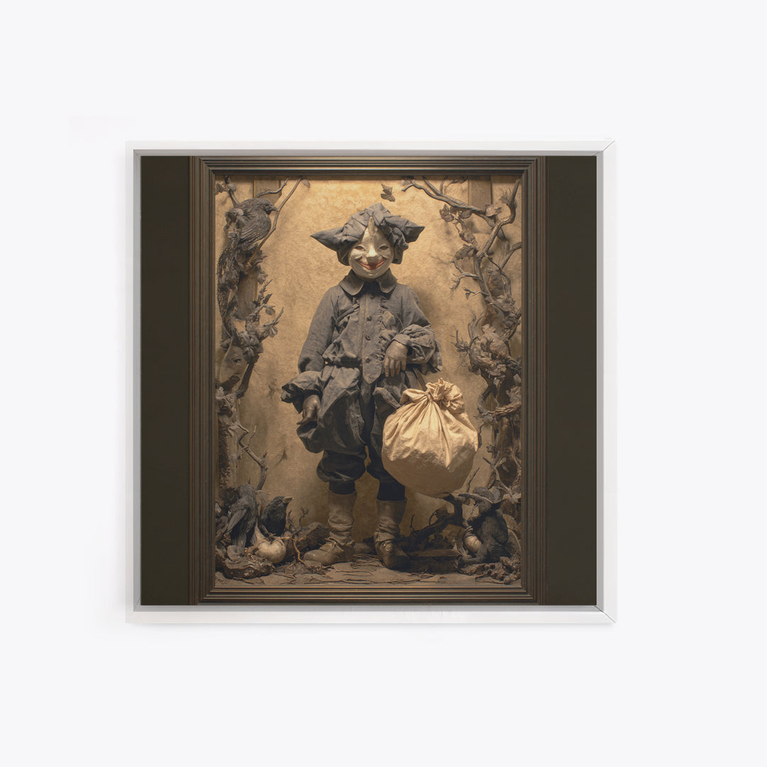 The Masked Candy Collector, Dark Symbolist Art, Square Wall Art, Dark Halloween Decor, Canvas Print, Halloween Wall Art