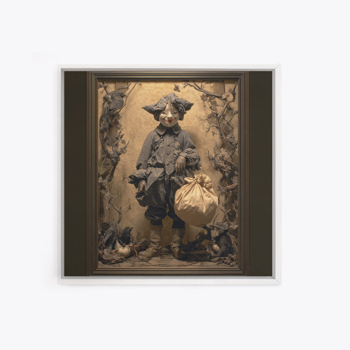 The Masked Candy Collector, Dark Symbolist Art, Square Wall Art, Dark Halloween Decor, Canvas Print, Halloween Wall Art