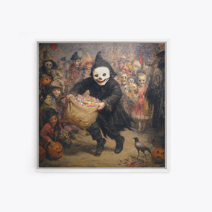 The Masked Candy Collector, Grotesque Carnival Art, Square Wall Art, Macabre Wall Art, Canvas Print, Halloween Wall Art, Dark Fantasy Art