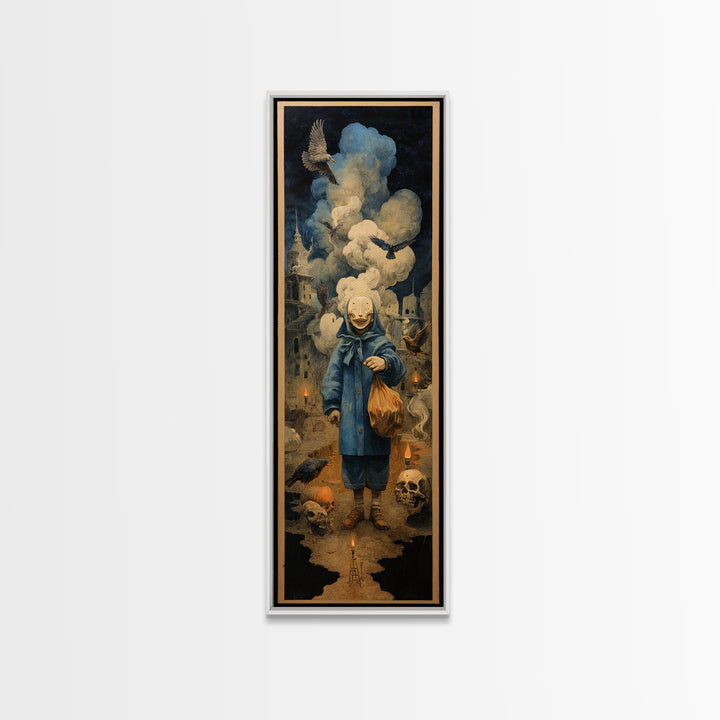 The Masked Candy Collector, Surreal Apocalyptic Art, Tall Narrow Wall Art, Macabre Wall Art, Canvas Print, Halloween Wall Art