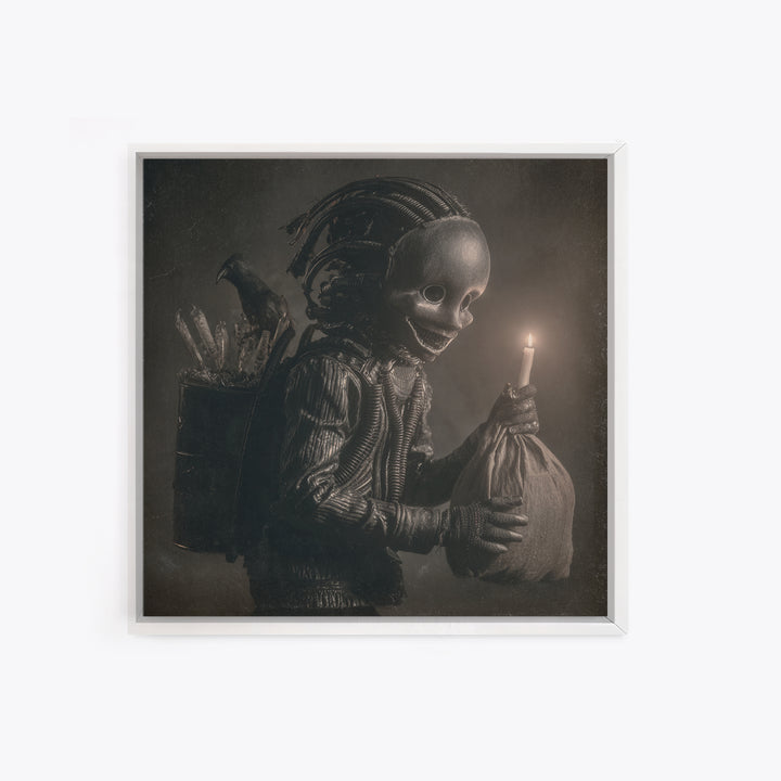 The Masked Candy Collector, Biomechanical Horror Art, Square Wall Art, Dark Halloween Decor, Framed Canvas Print, Halloween Wall Art