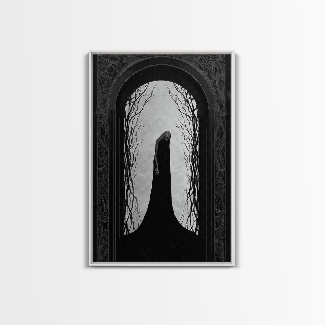 The Shadow Person, Decadent Line Art, Vertical Wall Art, Dark Halloween Decor, Framed Canvas Print, Halloween Wall Art