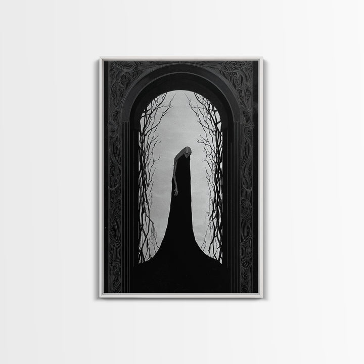 The Shadow Person, Decadent Line Art, Vertical Wall Art, Dark Halloween Decor, Framed Canvas Print, Halloween Wall Art