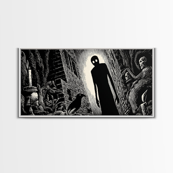 The Shadow Person, Macabre Folk Print Art, Wide Panoramic Art, Dark Halloween Decor, Canvas Print, Halloween Wall Art