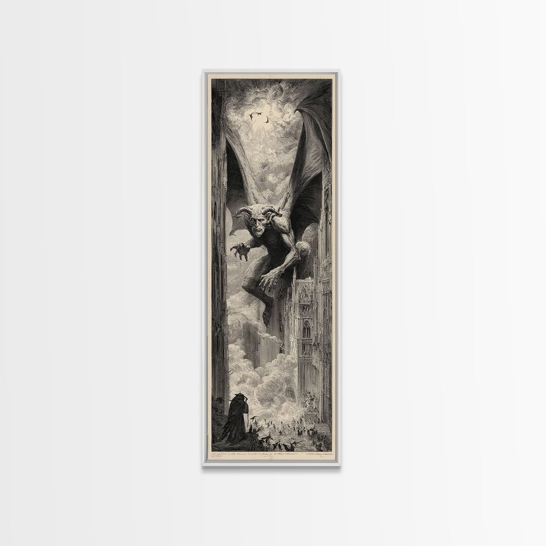 The Gargoyle Sentinel, Gothic Engraving Art, Tall Narrow Wall Art, Gothic Horror Wall Art, Framed Canvas Print, Halloween Wall Art