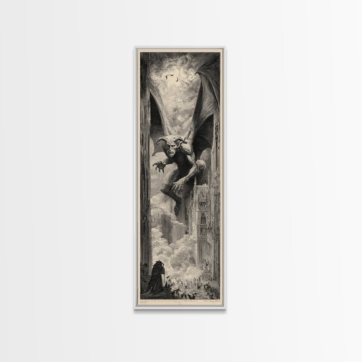 The Gargoyle Sentinel, Gothic Engraving Art, Tall Narrow Wall Art, Gothic Horror Wall Art, Framed Canvas Print, Halloween Wall Art