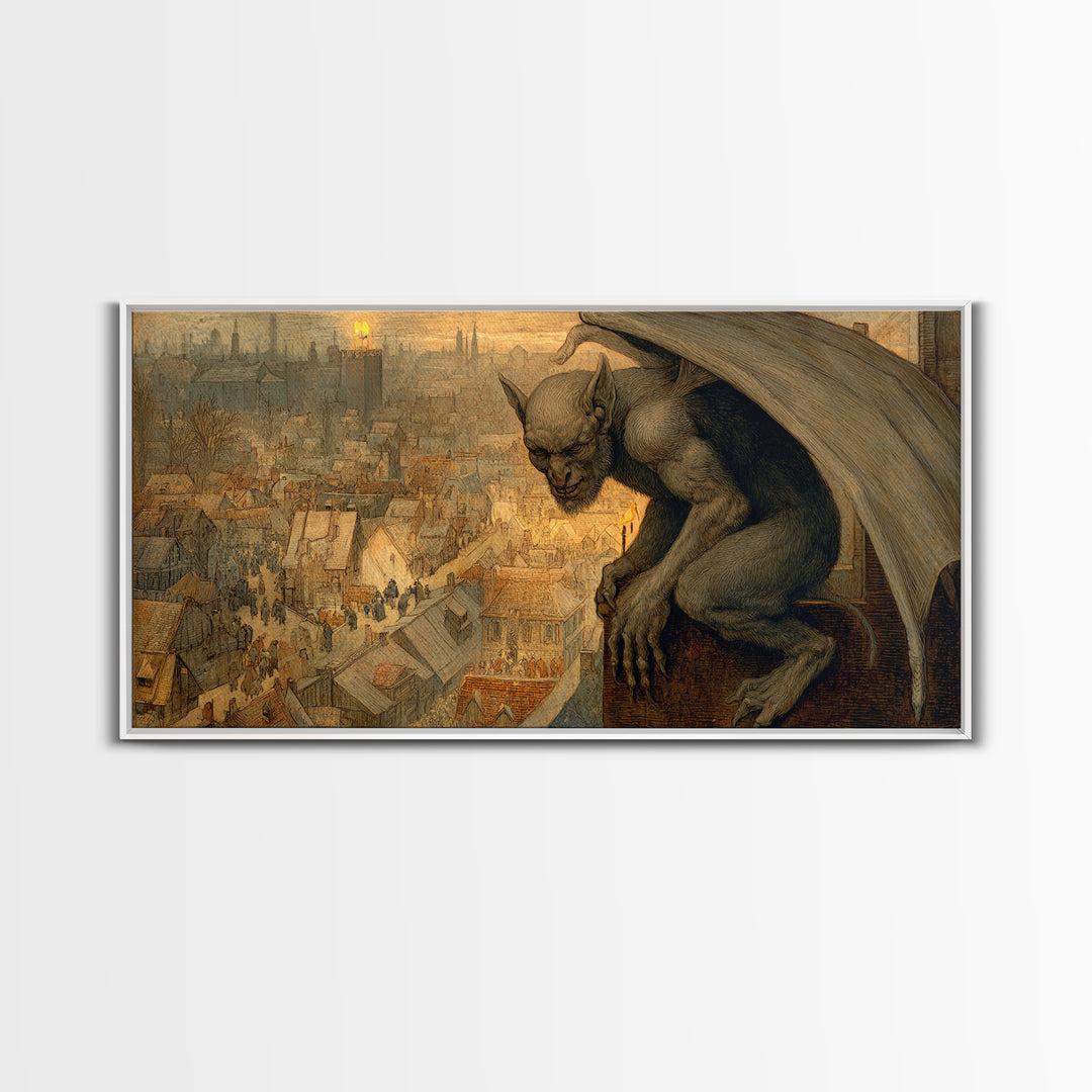 The Gargoyle Sentinel, Northern Renaissance Horror, Wide Panoramic Art, Gothic Horror Wall Art, Canvas Print, Halloween Wall Art