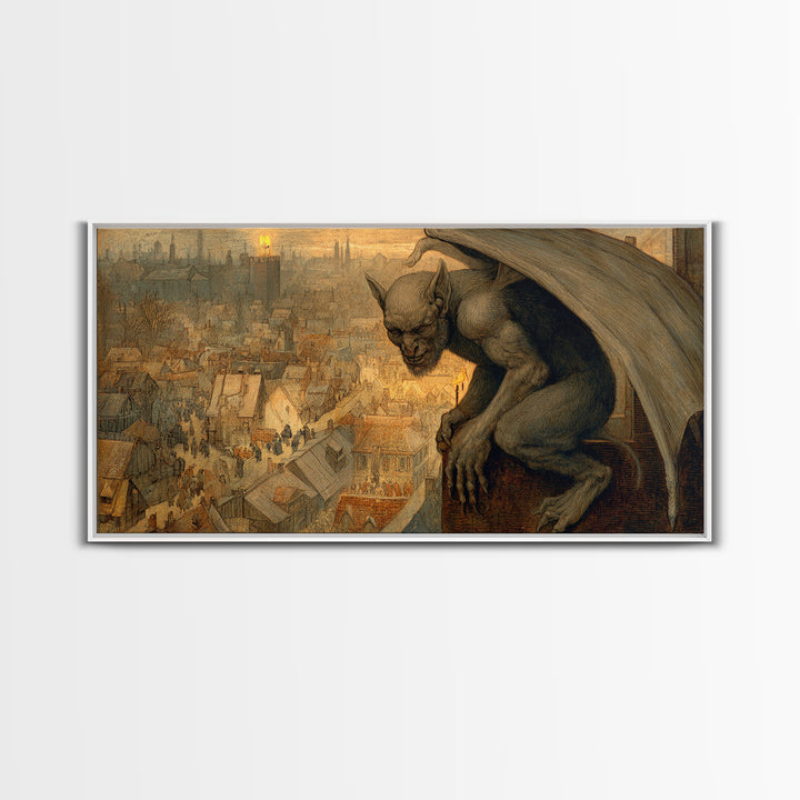 The Gargoyle Sentinel, Northern Renaissance Horror, Wide Panoramic Art, Gothic Horror Wall Art, Canvas Print, Halloween Wall Art
