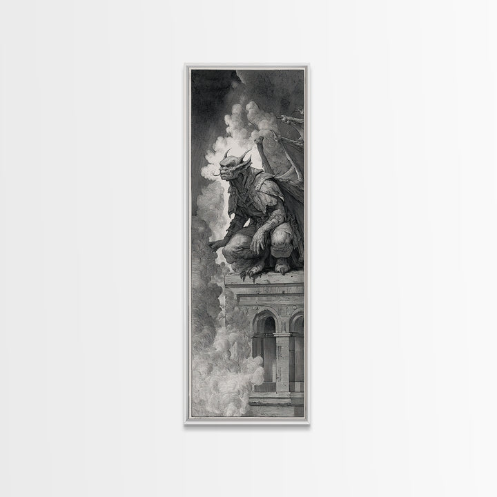 The Gargoyle Sentinel, Renaissance Engraving Art, Tall Narrow Wall Art, Dark Fantasy Wall Art, Canvas Print, Halloween Wall Art